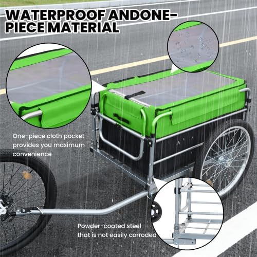 Bike Cargo Trailer Aluminum Frame Luggage Cart Heavy Duty 220 lbs Bicycle Wagon Folding Grocery Hauler with with Safe Hitch System and Removable Cover for Cycling, Green
