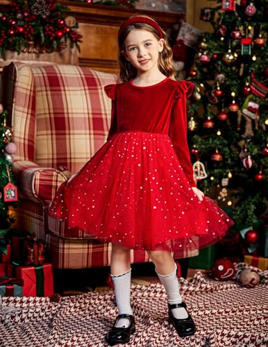 Arshiner Toddler Tutu Dresses Little Girls Velvet Tulle Fall Winter Long Sleeve Ruffle Holiday Party Dress 2-6Y4