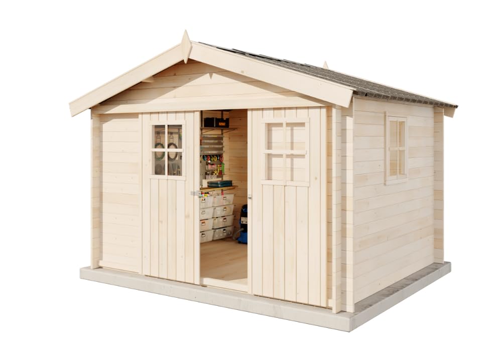 Alpholz Gartenhaus EVERE aus Fichten-Holz, Gerätehaus mit 19 mm Wandstärke, Garten Holzhaus inklusive Montagematerial, Metalldach, Geräteschuppen 330 x 270cm mit Satteldach