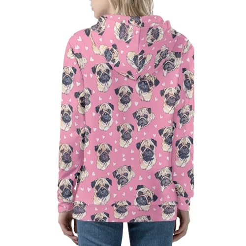 Uourmeti Kapuzenjacke mit Reißverschluss für Damen, Teenager, Mädchen, Herbst-Sweatshirt, Größe XS-5XL, Mops, X-Large