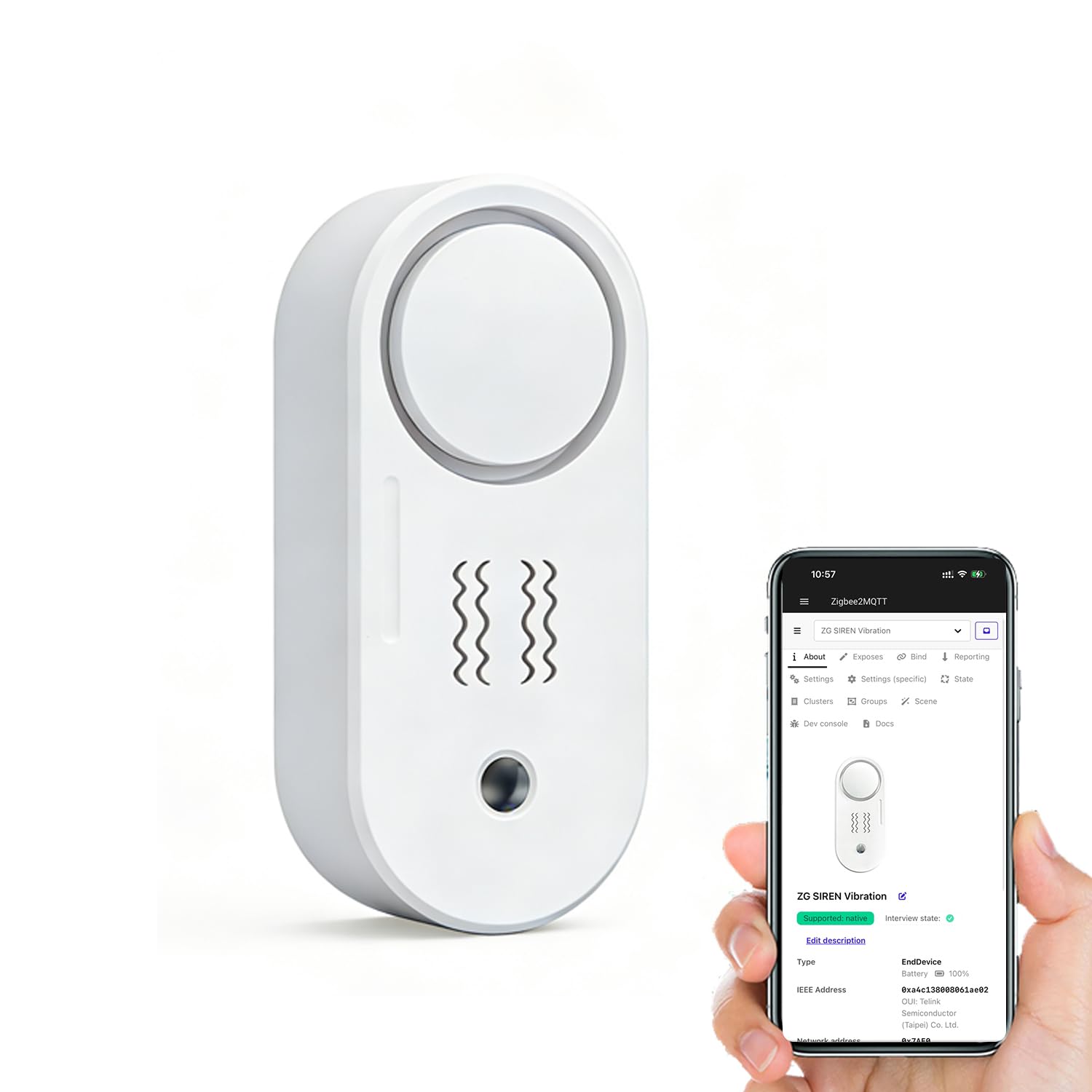 Haozee Zigbee Vibration Sensor with Alarm Function, 110dB Wireless Siren, Battery Operated Security System - Supports Home Assistant & Zigbee2MQTT (for Cabinets & Furniture)