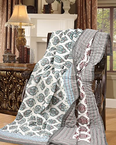 Image of BLOCKS OF INDIA Hand Block Printed Cotton King Size Quilt (90 Inch X 108 Inch) (King Quilt Grey Motifs), 300 TC