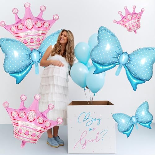 Image of 10pcs Pink Crown Balloons And Blue Bow Balloon, Light Blue Bows Balloons, Pink Large Crown Foil Balloon With Two Sizes For Birthday Baby Shower Theme Party Wedding Bridal Shower Decor