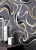 NEWROOM Tapete Grau Vliestapete Linen - Mustertapete Grafisch Silber Gold Geschwungen Modern inkl. Tapezier-Ratgeber