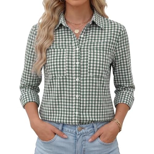 Button Down Shirts for Women Long Sleeve Cotton Striped Dress Shirts Casual Collared Blouses Business Work Tops with Pockets