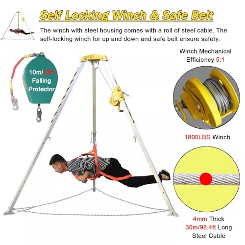 Trépied robuste pour espaces confinés, pieds télescopiques en aluminium, système de protection contre les chutes pour puits profonds, drains, conduits, treuil de 544,3 kg avec harnais de sécurité