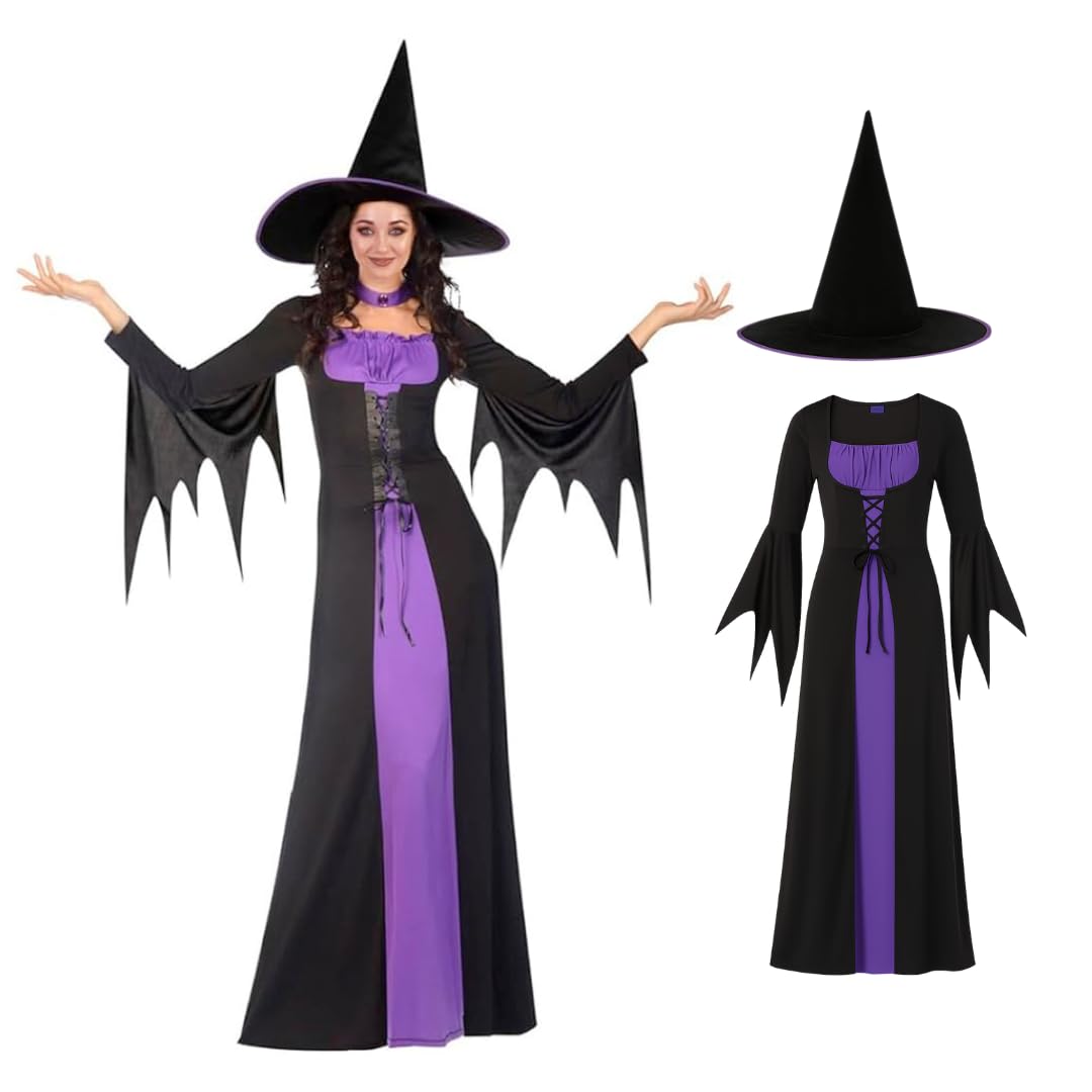 Ladies Classic Witch Costume - Women’s Black & Purple Witch Dress with Hat and Accessories - Halloween Costumes for Women Fancy Dress Outfit (M)