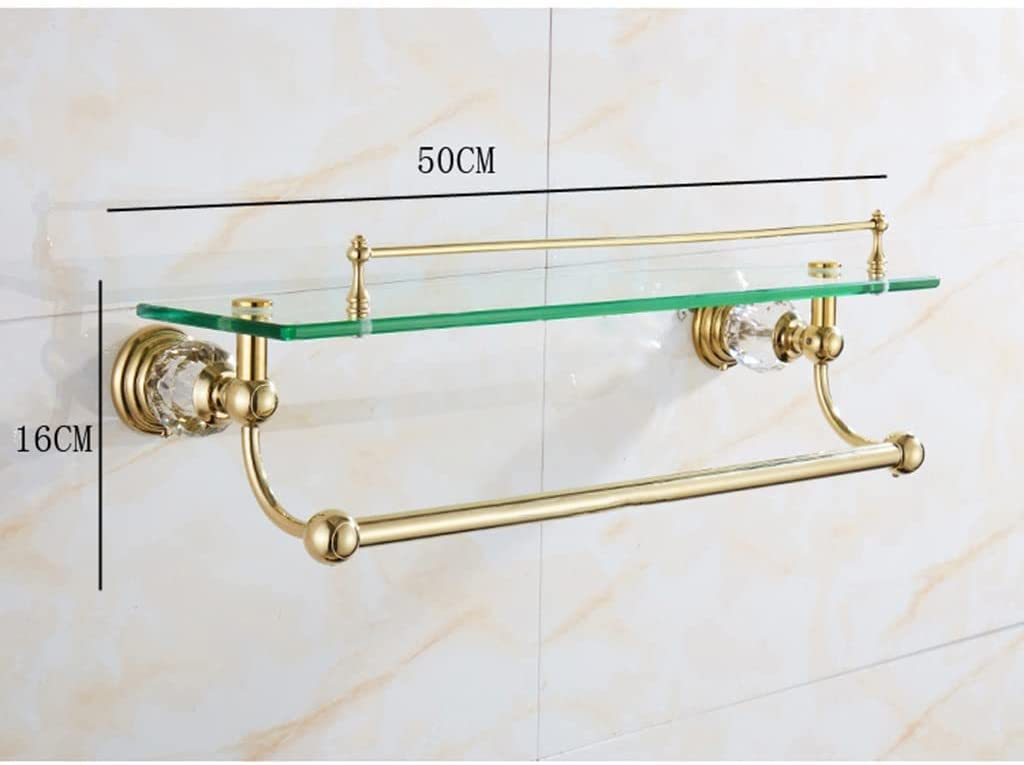 Mensola da bagno in vetro temperato trasparente con barra portasciugamani a 12 strati rettangolare da parete, può contenere 9,1 kg, dimensioni: 50 x 16 cm, elegante finitura trasparente e oro