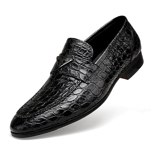 Mens Dress Shoes Leather Loafer, Fashion Crocodile Printed Handmade Dress Shoes Slip on Loafer Shoes for Men