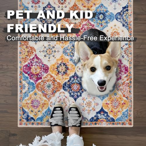 KILOCOCO 2x8 Runner Rug, Moroccan Super Soft Washable Hallway Entryway Runner Rug, Accent Print Faux Wool Kitchen Runner Rug 8 Feet Non-Slip Boho Rug Runners for Laundry Room Bedroom, Colorful