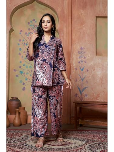 Image of DHRUVI TRENDZ Co Ord Set for Women Stylish | Ethnic Short Kurti for Women | Stylish Summer Printed Kurta Sets for Woman | A-Line Dress for Woman | 3 /4 Sleeve Top with Relaxed Fit Pant