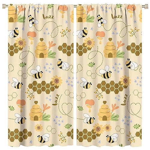 Bee Curtains Cartoon Cute Flying Bees Geometric Hexagonal Honeycomb Yellow Flower Colorful Art Print for Kids Boys Girls Bedroom Living Room Decor Rod Pocket Blackout Window Drape 42x45in