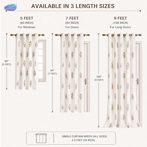 Image of Clasiko Block Print Sheer Door Curtains; 40% Light Filtering Linen Textured Curtains with Eyelets; Set of 2; 54x108 Inches / 9 Feet; Kalamkari Leaf