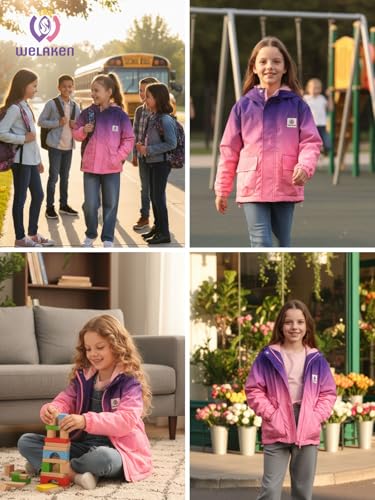 WELAKEN Girls Gradient Water-Resistant Jacket with Fleece Lining and Pockets – Kids Zip-Up Hooded Coat3