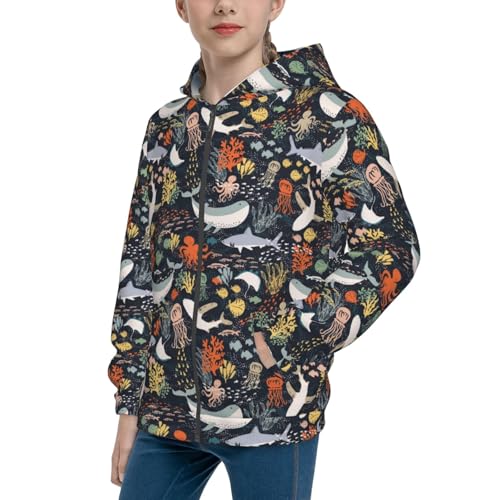 Marine Life Kid Hoodies Boys Zip Up Sweatshirts Girls Pullover with Pocket