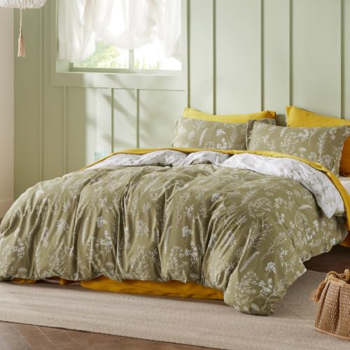 Image of Bedsure Queen Comforter Set - Olive Green Bed Set, 3 Pieces Cute Floral Bedding, 1 Soft Reversible Botanical Flowers Comforter and 2 Pillow Shams