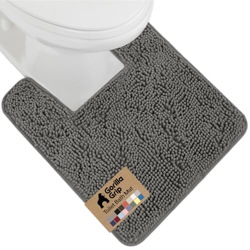 Image of GORILLA GRIP Plush Absorbent Shaggy Chenille Bath Rug Mat for Square Toilet Base with Rubber Backing, Machine Washable Rugs, Soft Microfiber Contour Mats for Toilets, Bathroom Decor, Charcoal