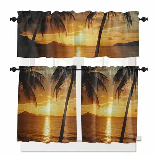 Ocean Sunset Kitchen Curtains 24 Inch Length,3 Piece Rod Pocket Small Half Tiers and Valance Set,Palm Tree Beach Coastal Seaside Seashore Small Large Window Treatment Decor for Bedroom/Bathroom Sink