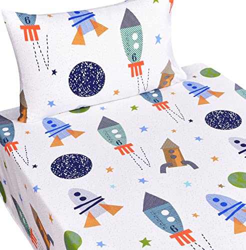 Image of Scientific Sleep Outer Space Airship Rocket Star Explore Teen Boys Girls Cotton Cotton Twin Bed Sheet Set, Flat Sheet & Fitted Sheet & Pillowcase Bedding Set (Space, Twin)