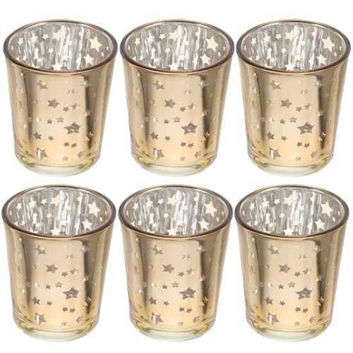 Healifty 6Pcs Glass Star Candle Holders: Tea Light Votive Cups Gold Small Tealight Table Stand Set for Home Party Wedding Centerpiece Decoration