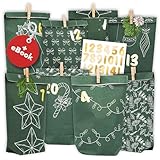 AMARI Calendario dell'Avvento da riempire, n. 23 Evergreen – 24 sacchetti di carta dell'Avvento (con clip in legno) per fai da te per Natale – sacchetti di carta di Natale