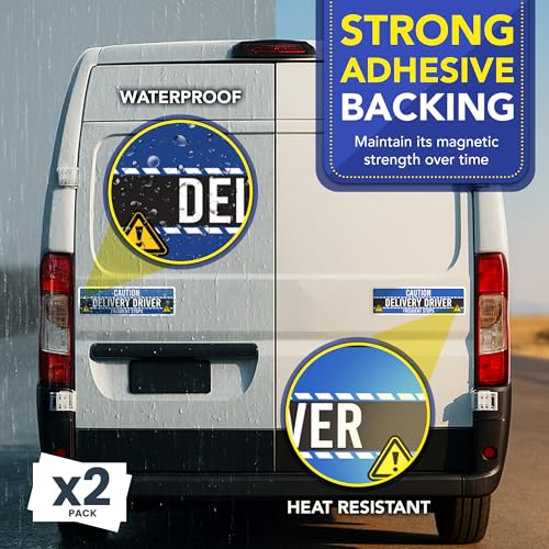 Image of Magnet Me Up Caution Frequent Stops Magnetic Decal - 3x10 Inch 2 Pack, UV Printed Blue /Black Automotive Vinyl Sign for Car, Delivery Driver Safety Magnet, Durable Weatherproof Accessory, Made in USA