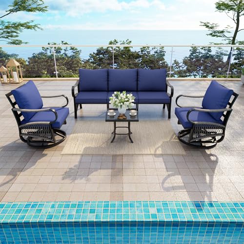 Image of 4 Pieces Outdoor Furniture Set, Patio Conversation Set with Swivel Rocking Chairs Sets and 3-Seater Couch Sofa for Deck, Porch, Garden, Backyard, Poolside (Blue Cushions)