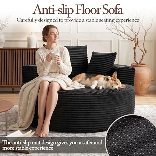Image of Trustyue Boneless Couch,Comfy Fluffy Sofa Bed,Upholstered Sleeper Sofa with Cup Holder and Throw Pillows,Corduroy Plush Cloud Lounge Chair