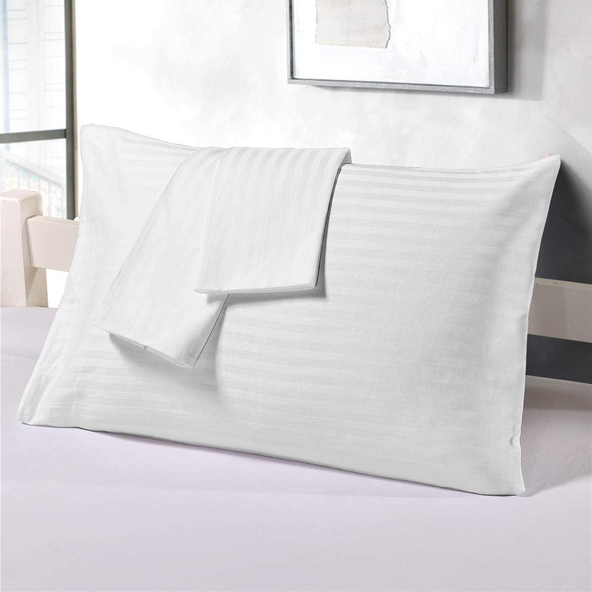 Juego de 4 fundas de almohada 100% algodón egipcio de 400 hilos, súper suaves, acogedoras y transpirables, lujosas fundas de almohada con cierre de sobre, rayas blancas, tamaño del cuerpo
