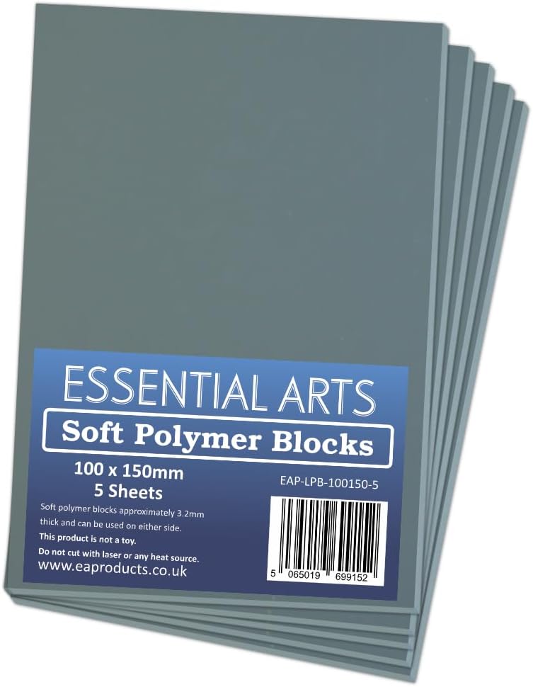 Essential Arts 100 x 150mm Double Sided Soft Grey Polymer Blocks Pack of 5 – 3mm Thick Super Soft Relief Printing Sheets for Easy Lino Carving Art and Craft