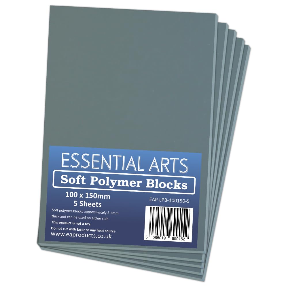 Essential Arts 100 x 150mm Double Sided Soft Grey Polymer Blocks Pack of 5 – 3mm Thick Super Soft Relief Printing Sheets for Easy Lino Carving Art and Craft