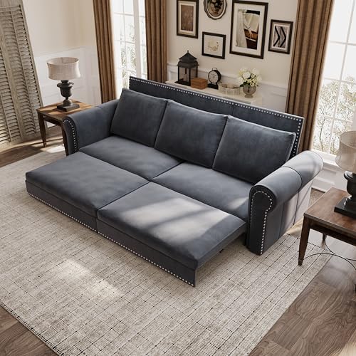 Image of Eafurn 93.7 inch King Size Pull Out Sofa Bed, 3-in-1 Convertible Sleeper Sofa Couch Bed with Nailhead Decor and Rolled Arms, Velvet Oversized Chesterfield Loveseat Chaise Lounge