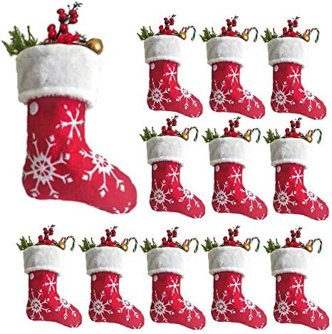 Vanteriam 10 inch Mini Christmas Stockings with White Snowflake, 12 Pack Red Small Xmas Stockings with Fleece Cuff, Rustic Stocking Decorations for Whole Family