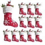 Vanteriam 10 inch Mini Christmas Stockings with White Snowflake, 12 Pack Red Small Xmas Stockings wi