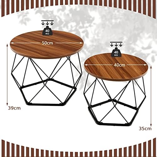 CASART Set of 2 Coffee Tables, Wooden Round Sofa Side Table with EVA Pads, Steel Frame Tea Tables Rustic Accent Tables for Living Room Bedroom Office