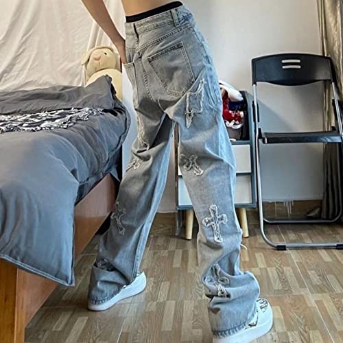 Y2K Men's Cross Patch Embroidered Jeans Hip-hop Street Fashion Design Casual Loose Straight Jeans4