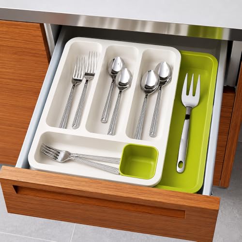 Image of Large Silverware Drawer Organizer, Expandable Utensil Tray for Kitchen, BPA Free Flatware and Cutlery Holder, Adjustable Plastic Storage for Spoons Forks Knives (Green-White, Pack Of 1)