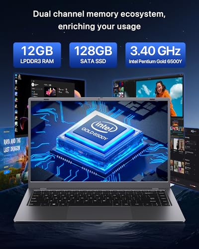 Image of 2026 Laptop, Pentium Gold 6500Y Processor(Up to 3.4GHz),12GB RAM 128GB SSD,14 Inch FHD IPS Display, 5000mAh Battery,Type-C,Portable Laptops Computer for Business Office Home