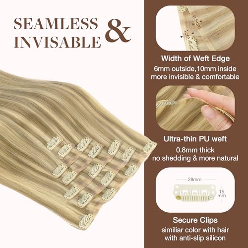 Image of GOO GOO Clip in Hair Extensions Real Human Hair, Remy Human Hair Extensions Clip ins for Women, Natural Human Hair, 24inch 160g 7Pcs, 16 /22 Light Blonde Highlighted Golden Blonde