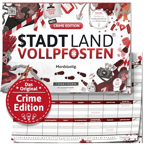 DENKRIESEN - Stadt Land VOLLPFOSTEN - Crime Edition - Mordslustig. | DIN A4 Spielblock | Ab 12 Jahren | Stadt Land Fluss | Familienspiel | 50 Blatt | Partyspiel | Geschenk | Spaß