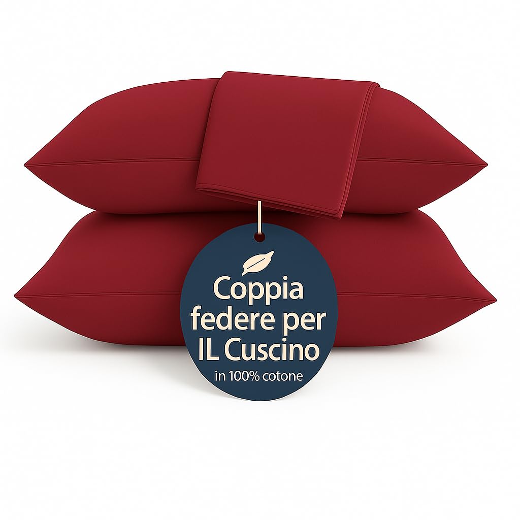 Set 2 Federe Cuscino 50x80 cm – 100% Cotone Morbido e Traspirante – Antipiega, Antiacaro, Lavabili – Naturale per Letto Singolo o Matrimoniale" (BORDO)