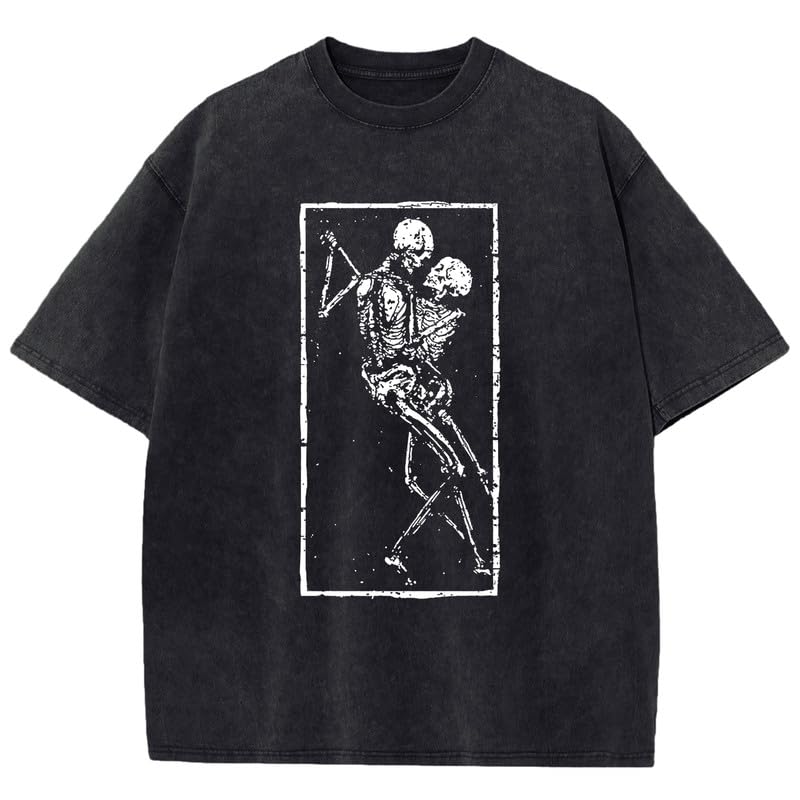 Oversized Graphic Tees for Women Black Vintage Skeleton Skull Shirts Cotton Baggy Crew Neck T Shirt Grunge Loose Tops4