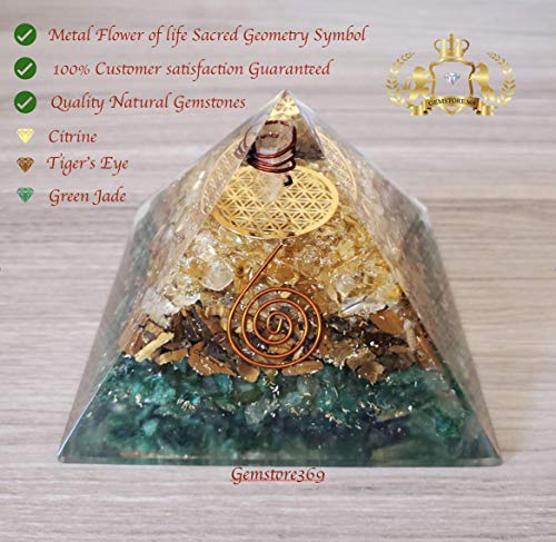 Abundance Orgone Pyramid 3 layers of Natural stones (Green Jade,Tiger's Eye &Citrine) with The Flower of Life Symbol | Orgonite Energy Generator with Crystal Point & Reiki Energy