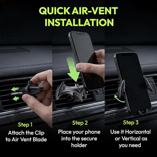 Image of Questsole Car Mobile Holder, Universal Air Vent Phone Mount for All Smartphones, 360 Rotation, Strong Grip, Futuristic Bat-Wing Design - Jet Black