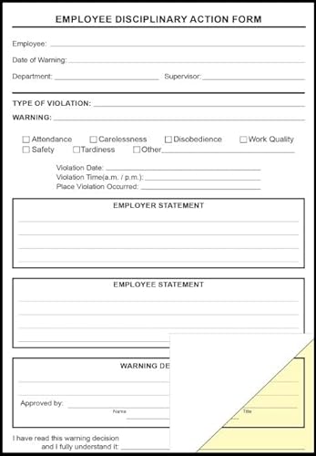 250 Sets Employee Disciplinary Action Forms 5.5" x 8.5" on 2 Part Carbonless Paper (White and Yellow Copy) Employee Write Up & Warning Forms for HR, Incident & Corrective Action Reports