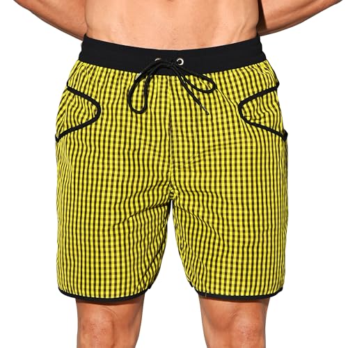Men’s Ultra-Lightweight Pocket Board Shorts Fast Dry Surf Lining Swimwear Plaid Pattern B4570