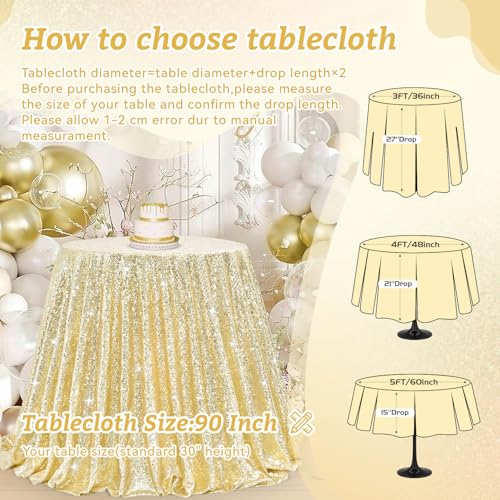 Image of B-COOL Round Sequin Tablecloth Draping Decorations: Light Gold 90 Inch Tablecloths Sequin Overlay Green Shimmer Fabric for Birthday Dinner Parties Graguation