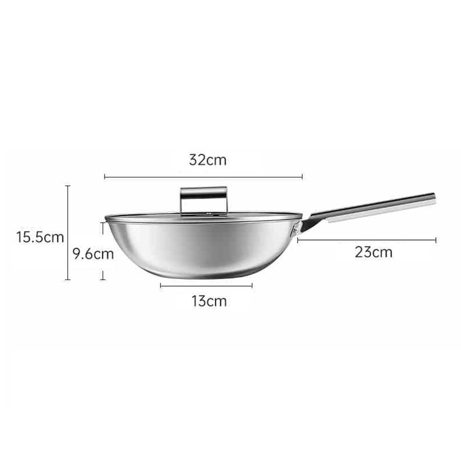 Padella Wok in Acciaio Inossidabile, Wok Friggibile con Coperchio per Cottura Professionale, Wok con Manico A Cool, Wok sul Fondo Rotondo per Elettrico, Induzione, Stufe A Gas(Size:32CM)