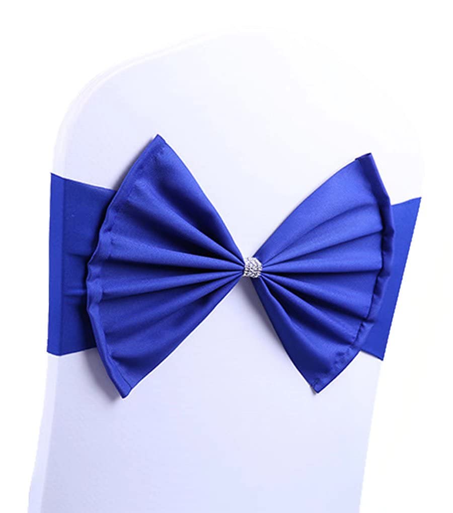 10 Pcs Royal Blue Spandex Chair Sashes Bows for Wedding Reception- Universal Chair Cover Back Tie Supplies for Banquet, Birthday Party, Hotel Event Decorations