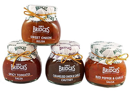 Mrs Bridges Condiment Collection, 3.5 Ounce (Sweet Onion Relish, Red Pepper & Garlic Salsa, Spicy Tomato Salsa, and Caramelized Onion & Garlic Chutney)